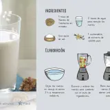 Vaso de leche de nueces con galletas y nueces, junto a ingredientes y pasos de elaboración.