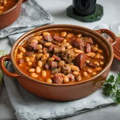 Un reconfortante plato de callos con garbanzos de bote, trozos de chorizo y carne, servido en una cazuela de barro.