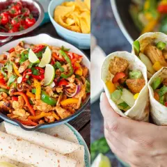Fajitas de pollo con pimientos, cebolla y lima, listas para disfrutar en tortillas.