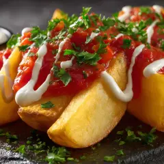 Patatas bravas con salsa brava hecha en Thermomix, cubiertas con perejil picado y un toque de alioli.