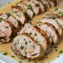 Jugoso solomillo en salsa de la abuela, cortado en rodajas y espolvoreado con perejil fresco.