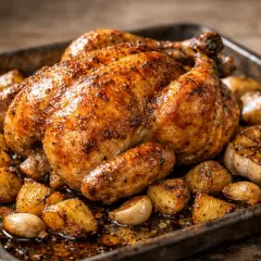Pollo asado con patatas doradas y ajo asado en una bandeja metálica.