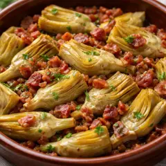 Alcachofas tiernas con trocitos de jamón y perejil fresco, un plato delicioso y lleno de sabor.