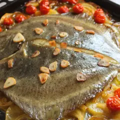 Rodaballo al horno con tomates y ajo. El tiempo perfecto para una comida deliciosa.