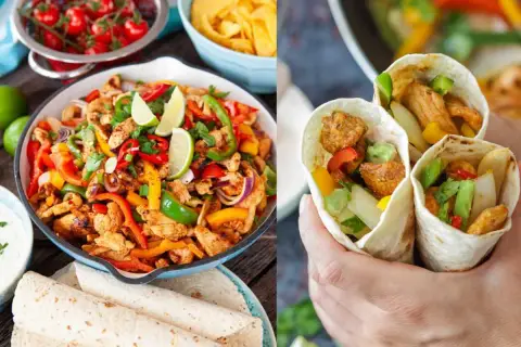 Fajitas de pollo con pimientos, cebolla y lima, listas para disfrutar en tortillas.
