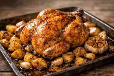Pollo asado con patatas doradas y ajo asado en una bandeja metálica.