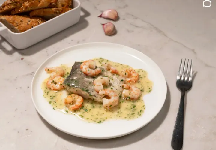 Deliciosa merluza con gambas en salsa cremosa, acompañada de pan rústico y ajos.
