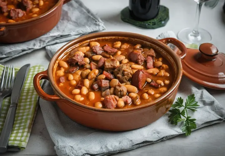 Un reconfortante plato de callos con garbanzos de bote, trozos de chorizo y carne, servido en una cazuela de barro.