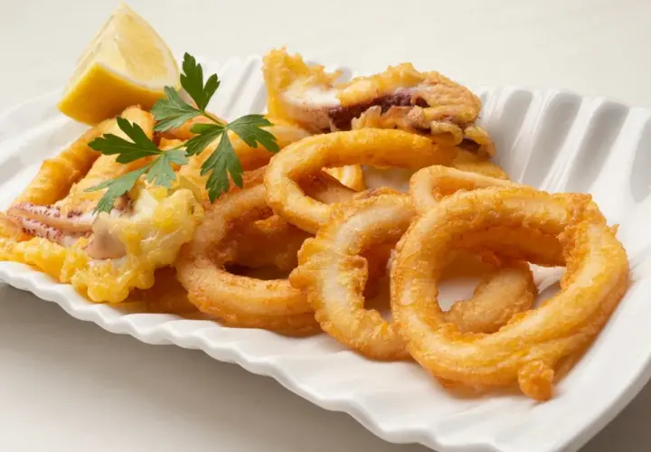 Calamares en salsa arguiñano, crujientes y dorados, servidos con limón y perejil en una fuente blanca.