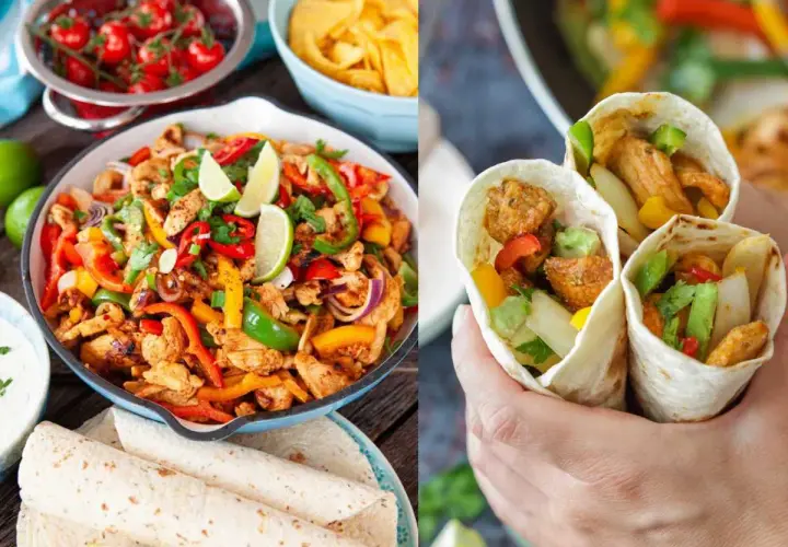 Fajitas de pollo con pimientos, cebolla y lima, listas para disfrutar en tortillas.