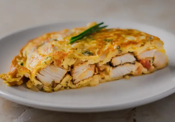 Tortilla de bacalao, jugosa y dorada, con trozos de pescado blanco tierno envueltos en huevo.