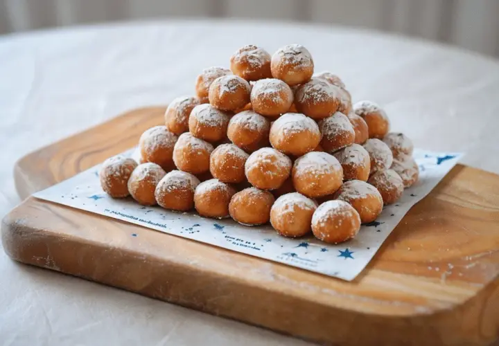 Montón de buñuelos de viento espolvoreados con azúcar glas sobre una tabla de madera.