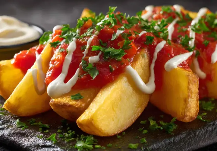 Patatas bravas con salsa brava hecha en Thermomix, cubiertas con perejil picado y un toque de alioli.