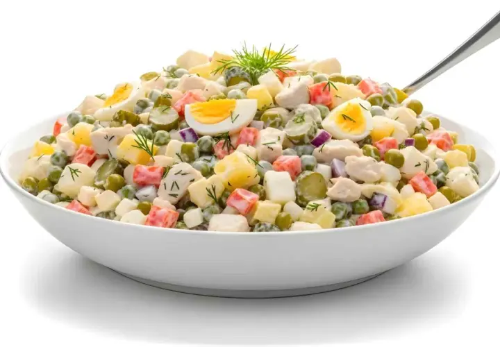 Ensaladilla rusa Thermomix: patatas, guisantes, huevo duro, zanahoria, pepinillos y pollo en una cremosa salsa.