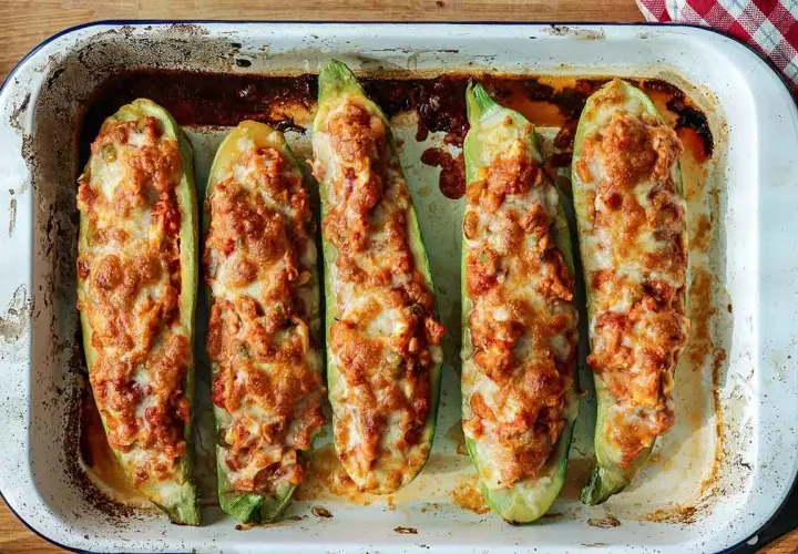Calabacines rellenos arguiñano, dorados y gratinados en una bandeja de horno. ¡Un plato casero delicioso!