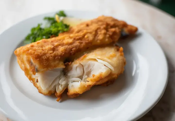 Un delicioso bacalao rebozado crujiente, con su interior blanco y tierno, servido con perejil y limón.
