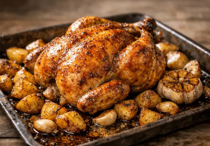 Pollo asado con patatas doradas y ajo asado en una bandeja metálica.