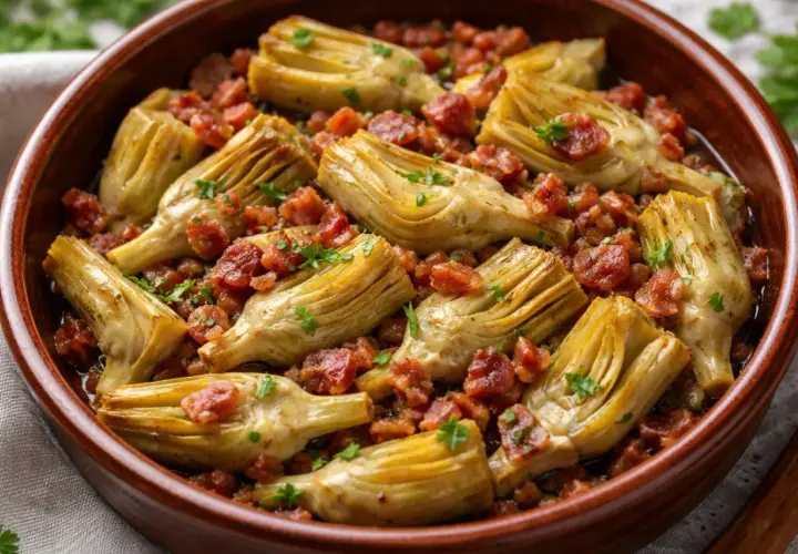Alcachofas tiernas con trocitos de jamón y perejil fresco, un plato delicioso y lleno de sabor.
