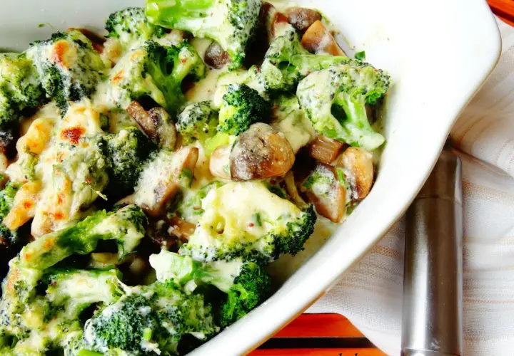 Brocoli con champiñones gratinados en una cazuela blanca, cubiertos de una cremosa salsa de queso.