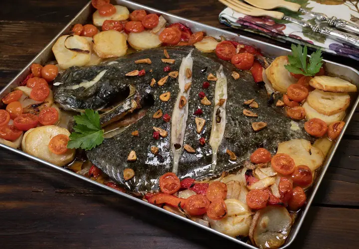 Rodaballo al horno con patatas, tomates cherry y ajo, un plato que evoca la cocina de Arzak.