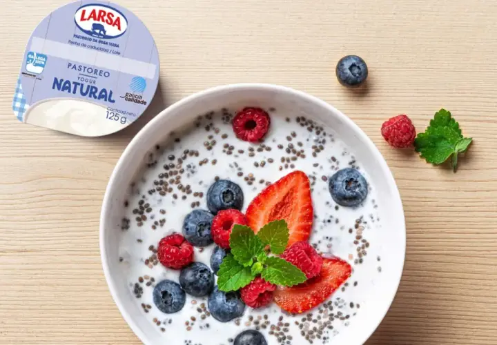 Yogur natural con chía, fresas, arándanos y frambuesas. Ideal para saber cuanto tiempo dejar la chía en yogurt y disfrutar de un desayuno saludable.