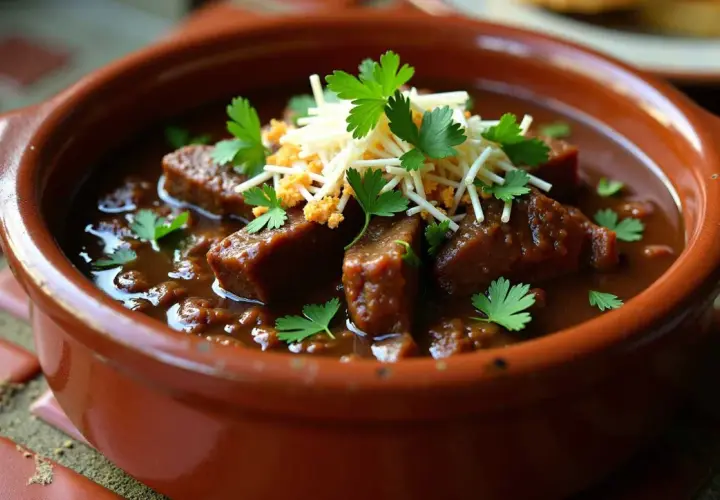 Carne guisada Arguiñano, jugosos trozos de carne en salsa oscura, decorada con perejil y queso rallado.