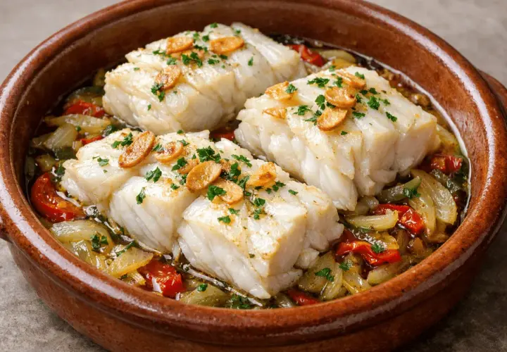 Bacalao al pil pil, un clásico de las recetas de bacalao de la abuela, servido en cazuela de barro con pimientos y ajo.