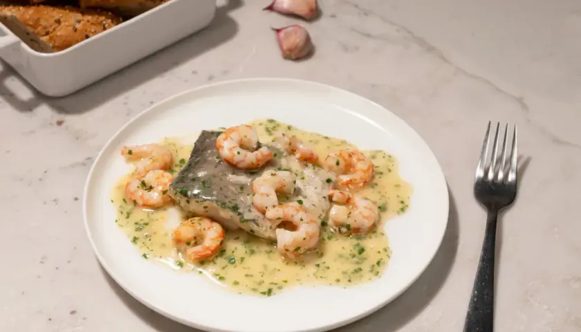 Deliciosa merluza con gambas en salsa cremosa, acompañada de pan rústico y ajos.