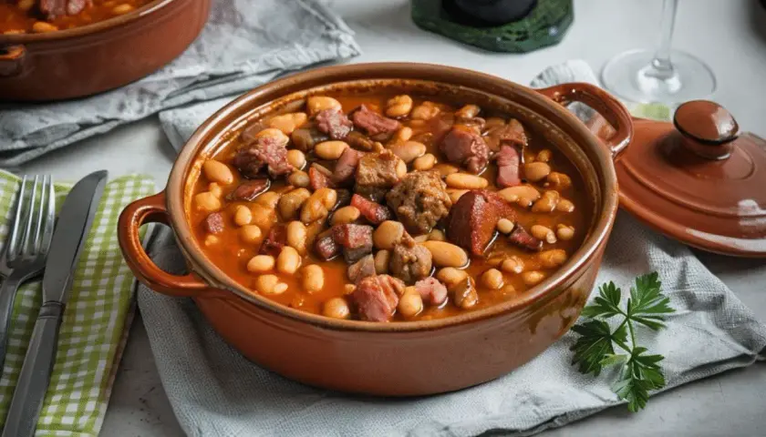 Un reconfortante plato de callos con garbanzos de bote, trozos de chorizo y carne, servido en una cazuela de barro.