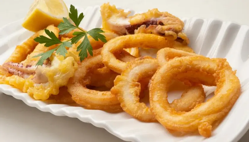 Calamares en salsa arguiñano, crujientes y dorados, servidos con limón y perejil en una fuente blanca.