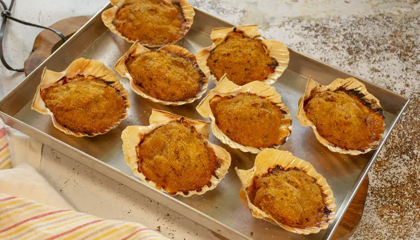 Ocho vieiras a la gallega gratinadas en sus conchas, listas para disfrutar.