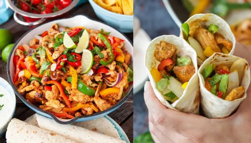 Fajitas de pollo con pimientos, cebolla y lima, listas para disfrutar en tortillas.