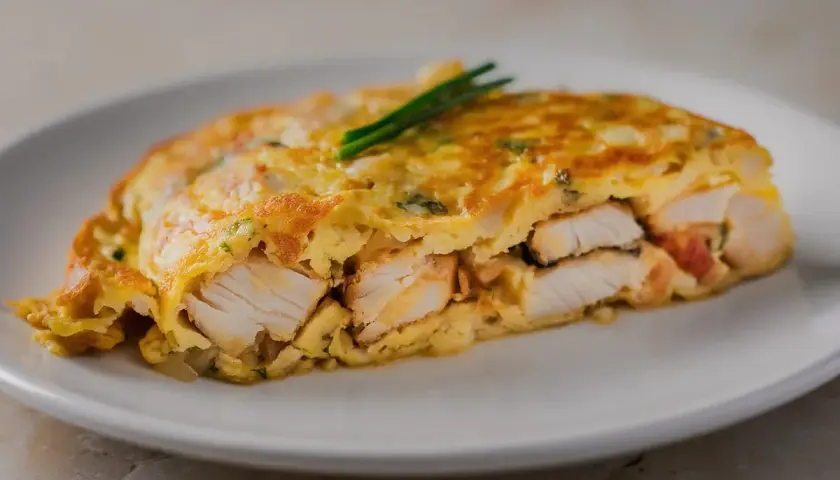 Tortilla de bacalao, jugosa y dorada, con trozos de pescado blanco tierno envueltos en huevo.