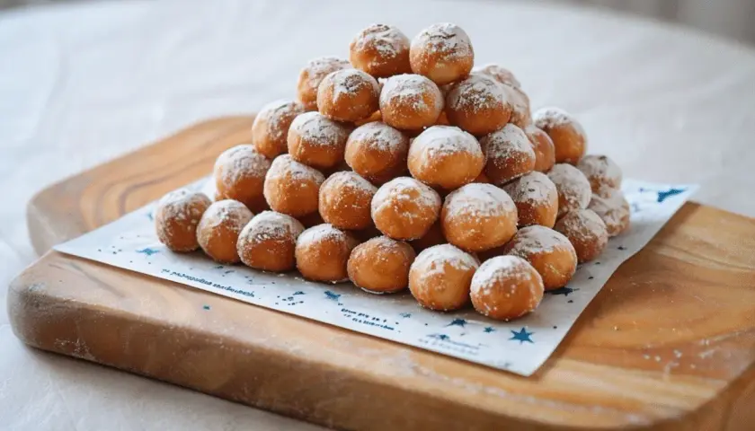 Montón de buñuelos de viento espolvoreados con azúcar glas sobre una tabla de madera.