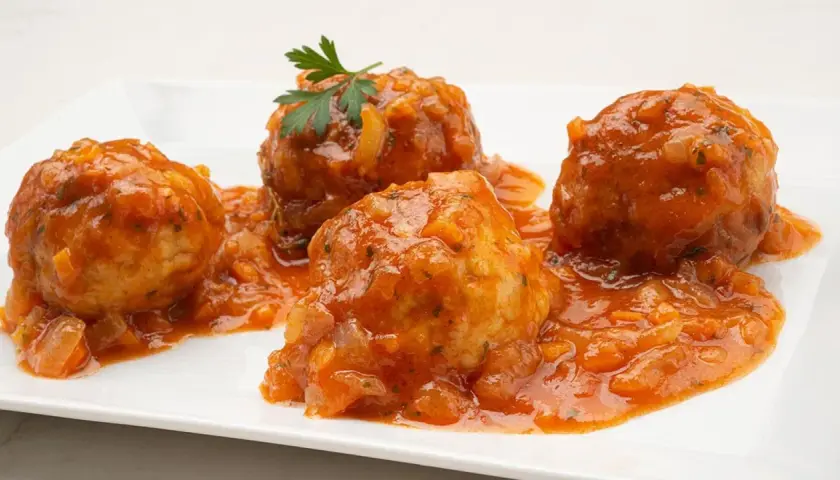 Cuatro albóndigas de rape en una salsa de tomate casera, decoradas con perejil fresco.