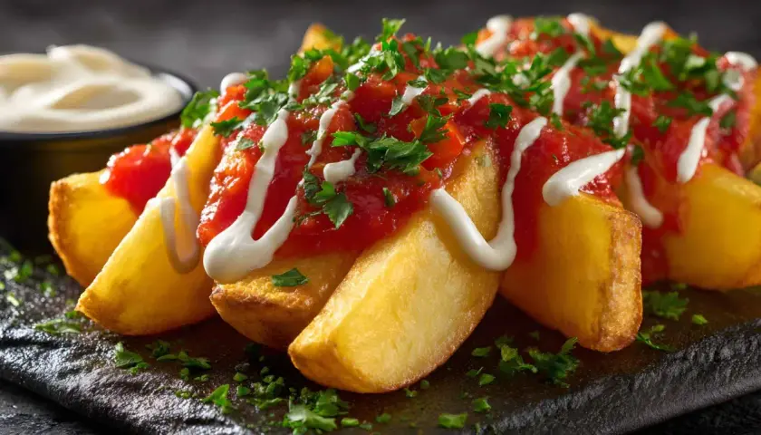 Patatas bravas con salsa brava hecha en Thermomix, cubiertas con perejil picado y un toque de alioli.