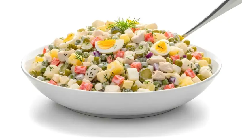 Ensaladilla rusa Thermomix: patatas, guisantes, huevo duro, zanahoria, pepinillos y pollo en una cremosa salsa.