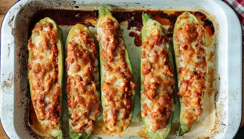 Calabacines rellenos arguiñano, dorados y gratinados en una bandeja de horno. ¡Un plato casero delicioso!