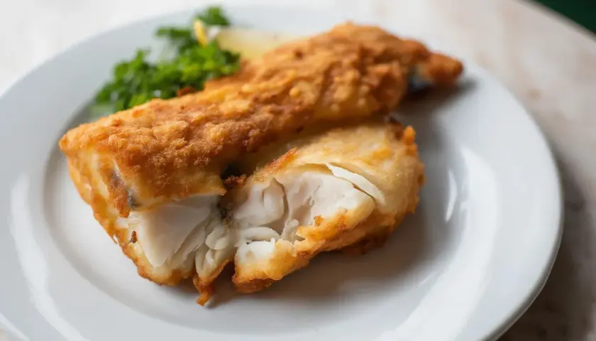 Un delicioso bacalao rebozado crujiente, con su interior blanco y tierno, servido con perejil y limón.