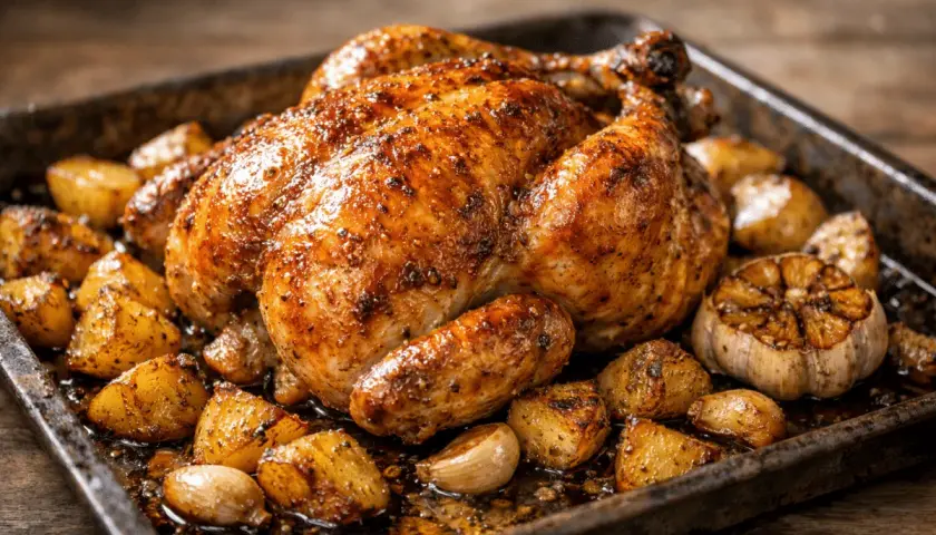 Pollo asado con patatas doradas y ajo asado en una bandeja metálica.