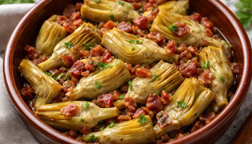 Alcachofas tiernas con trocitos de jamón y perejil fresco, un plato delicioso y lleno de sabor.