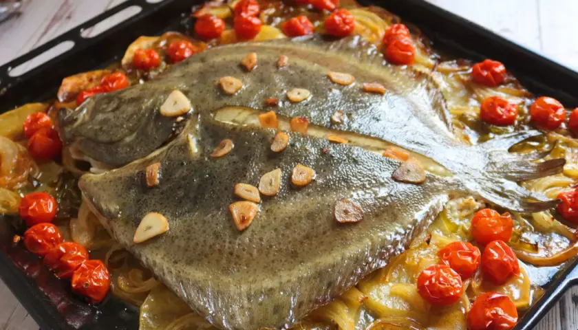 Rodaballo al horno con tomates y ajo. El tiempo perfecto para una comida deliciosa.