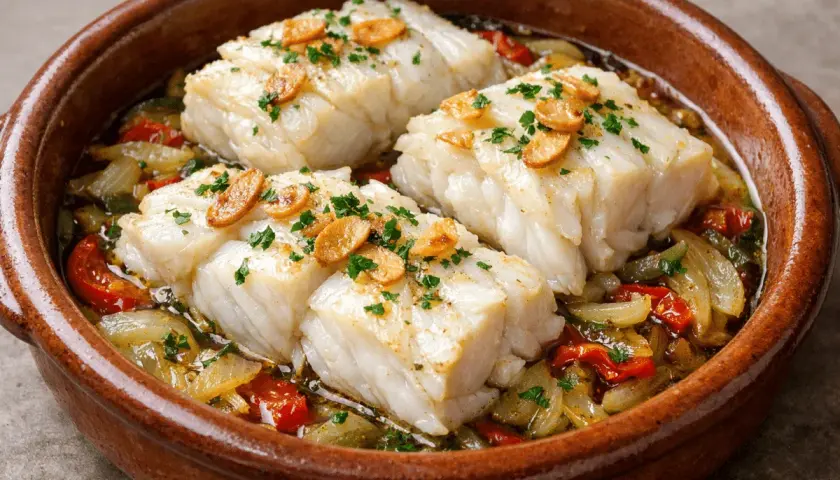 Bacalao al pil pil, un clásico de las recetas de bacalao de la abuela, servido en cazuela de barro con pimientos y ajo.