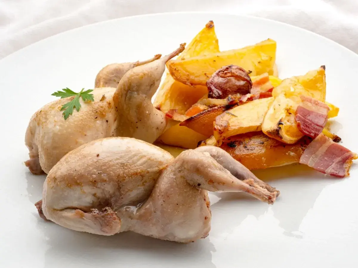 Dos codornices al horno, doradas y jugosas, acompañadas de patatas rústicas asadas con tocino y hierbas.