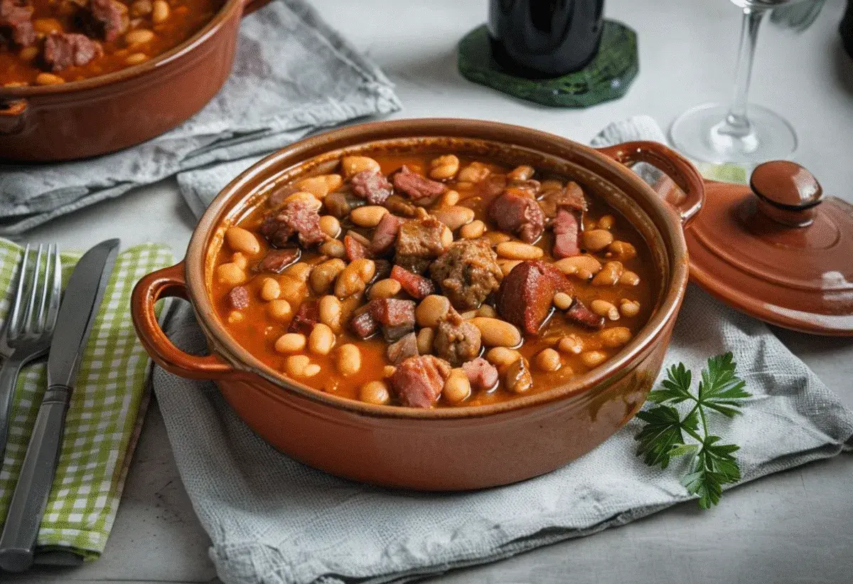 Un reconfortante plato de callos con garbanzos de bote, trozos de chorizo y carne, servido en una cazuela de barro.