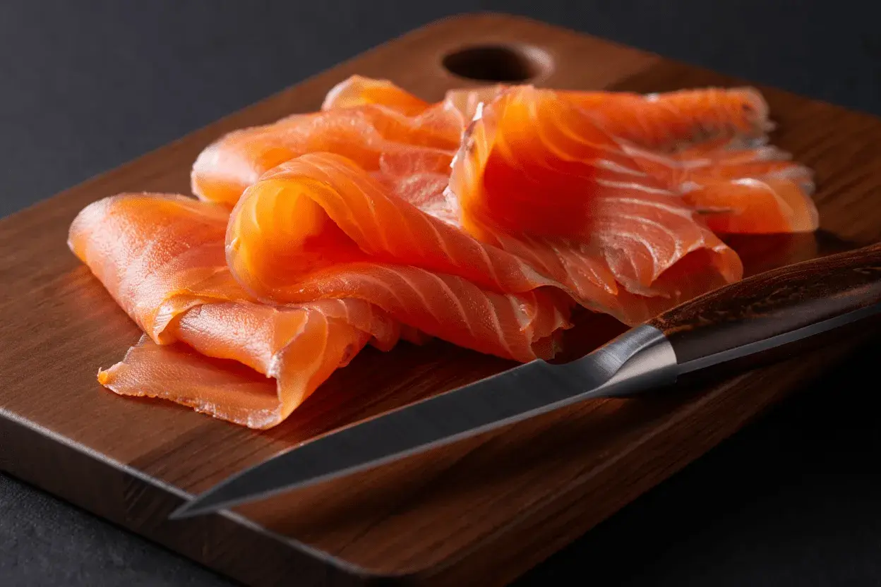 Finas lonchas de salmón ahumado sobre tabla de madera. Se puede congelar el salmón ahumado para conservarlo fresco.