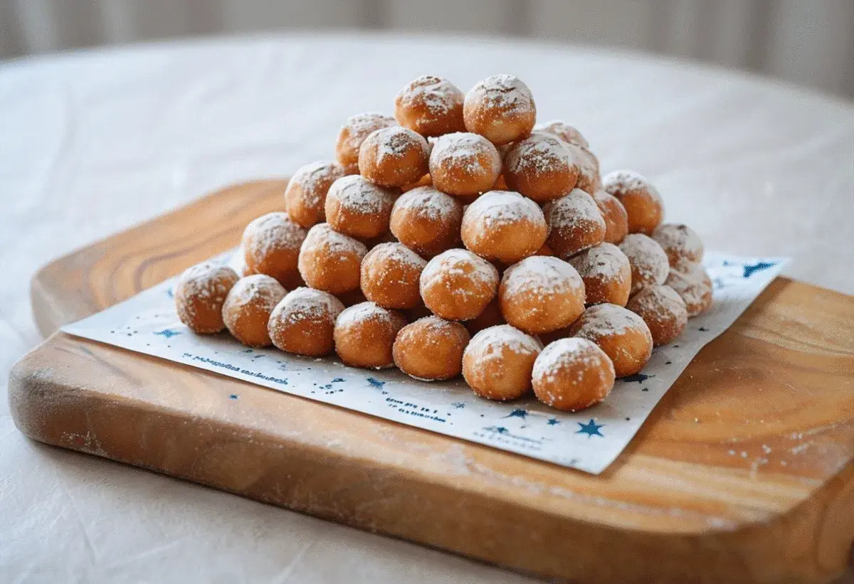 Montón de buñuelos de viento espolvoreados con azúcar glas sobre una tabla de madera.