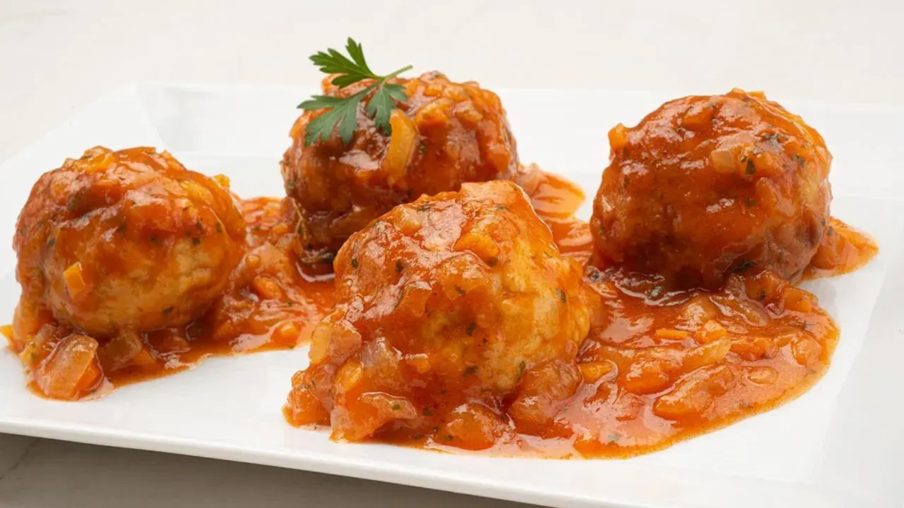 Cuatro albóndigas de rape en una salsa de tomate casera, decoradas con perejil fresco.