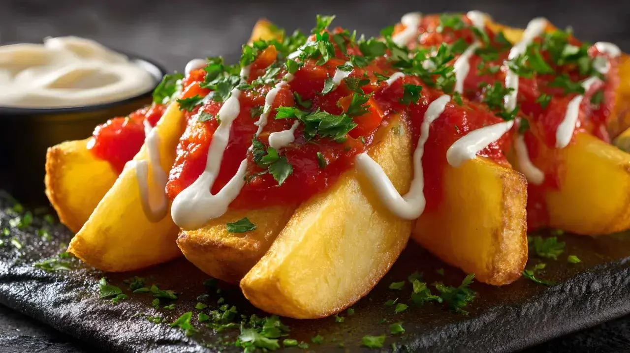 Patatas bravas con salsa brava hecha en Thermomix, cubiertas con perejil picado y un toque de alioli.