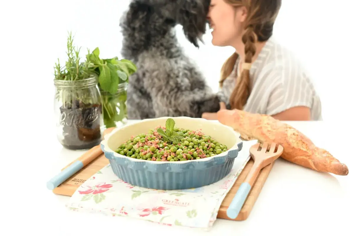 Guisantes con jamón, un plato sencillo y delicioso preparado en Thermomix. Una mujer y su perro disfrutan de la comida.